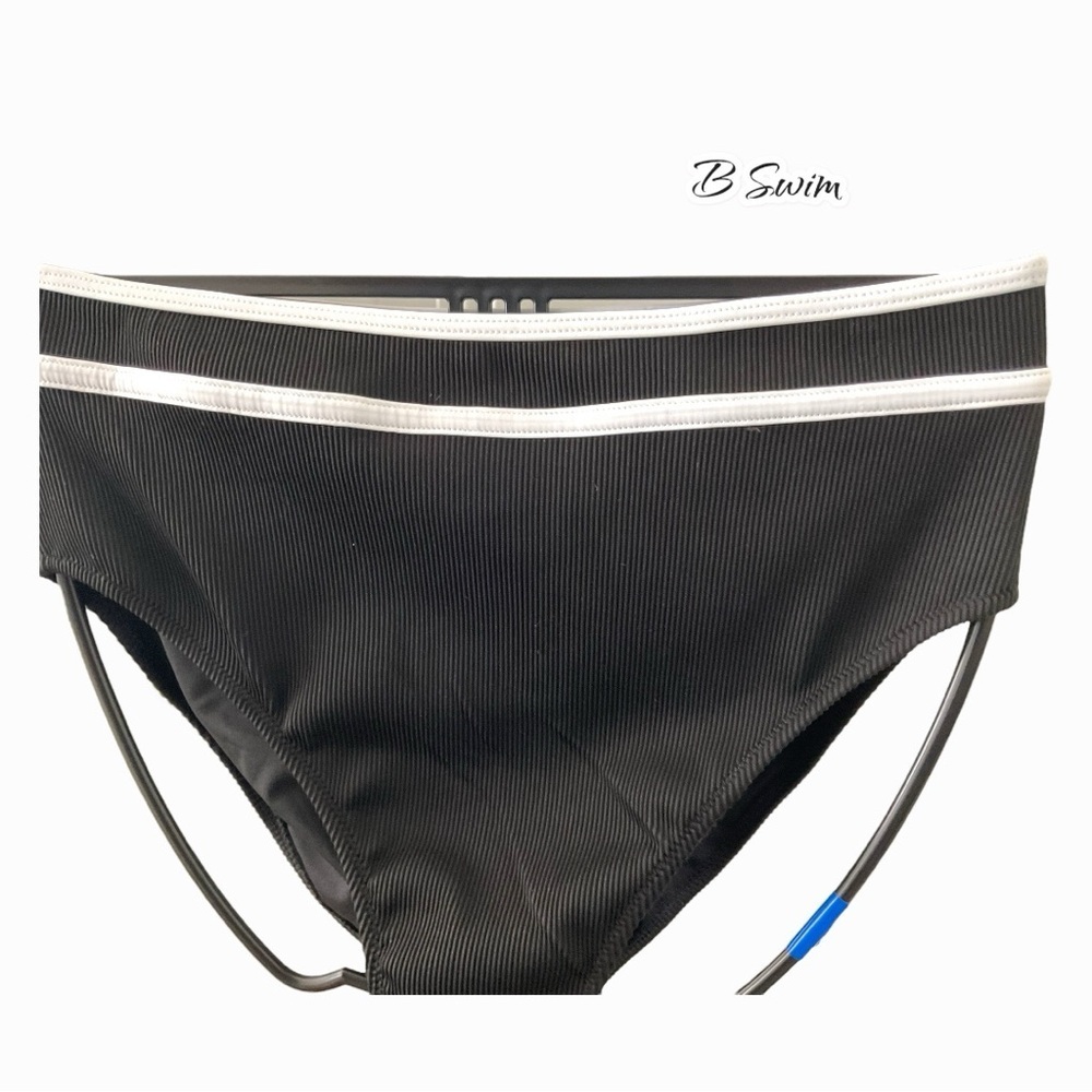 B SWIM Black‎ White Stripe High Cut Leg Bikini Bottoms Swimwear SZ Large ( NWOT)